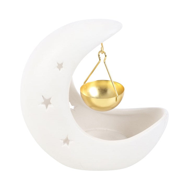 *White Crescent Moon Hanging Ceramic Oil Burner with Gold Metal Dish (12/48)