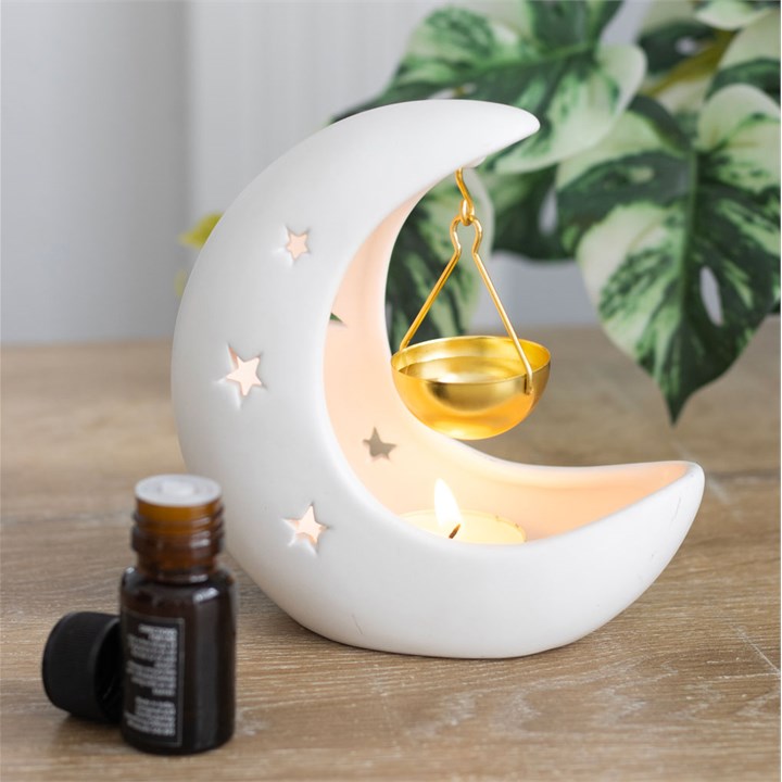 *White Crescent Moon Hanging Ceramic Oil Burner with Gold Metal Dish (12/48)