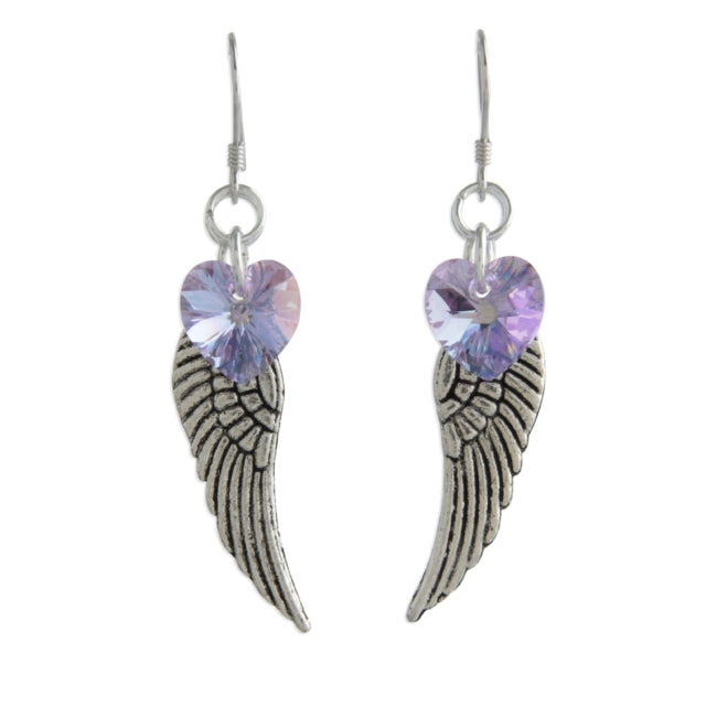 Violet crystal heart Angel wings earrings