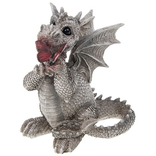 Grey dragon figurine, sitting holding a red butterfly