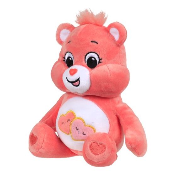 Pink plush care bear, side view