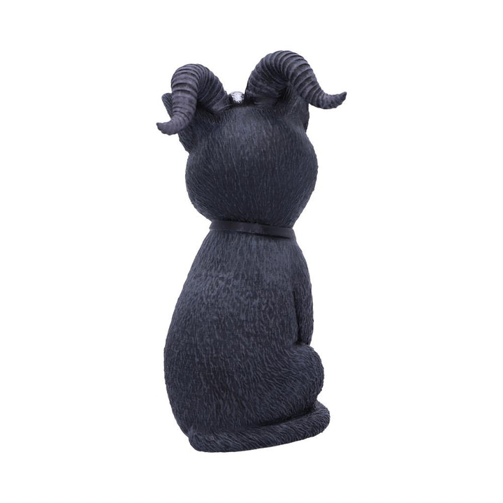 Back view of black cat with horns figurine. 