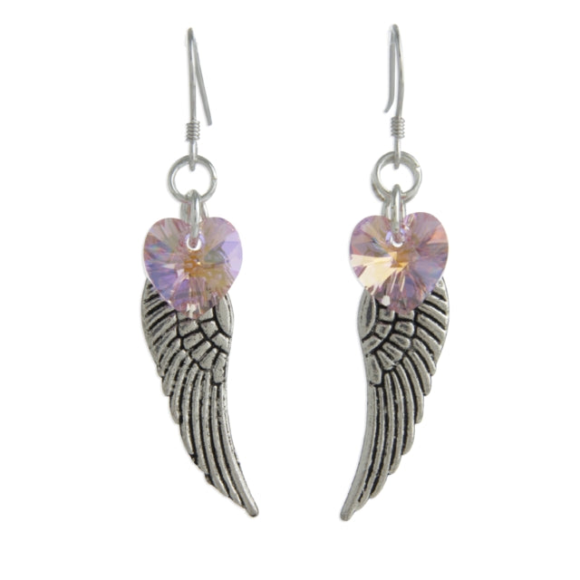 Light rose heart crystal, Angeel wings earrings