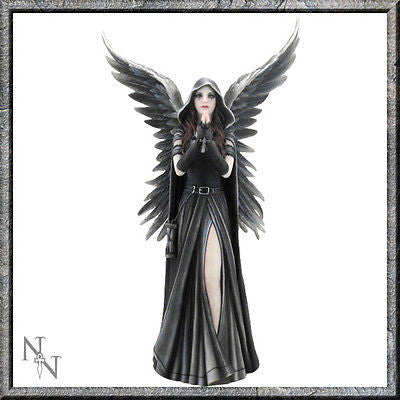 A dark angel, standing, wings outstretched, hands held in prayer