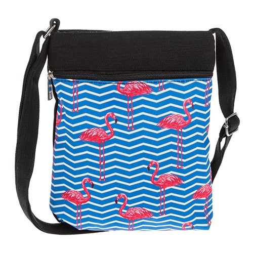 Blue flamingo flat shoulder bag