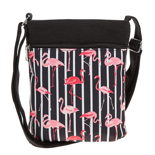 Black flamingo flat shoulder bag