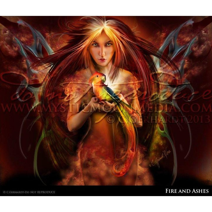 Fire and Ashes, fairy and baby phoenix print, © Mystic Moon Media LLC