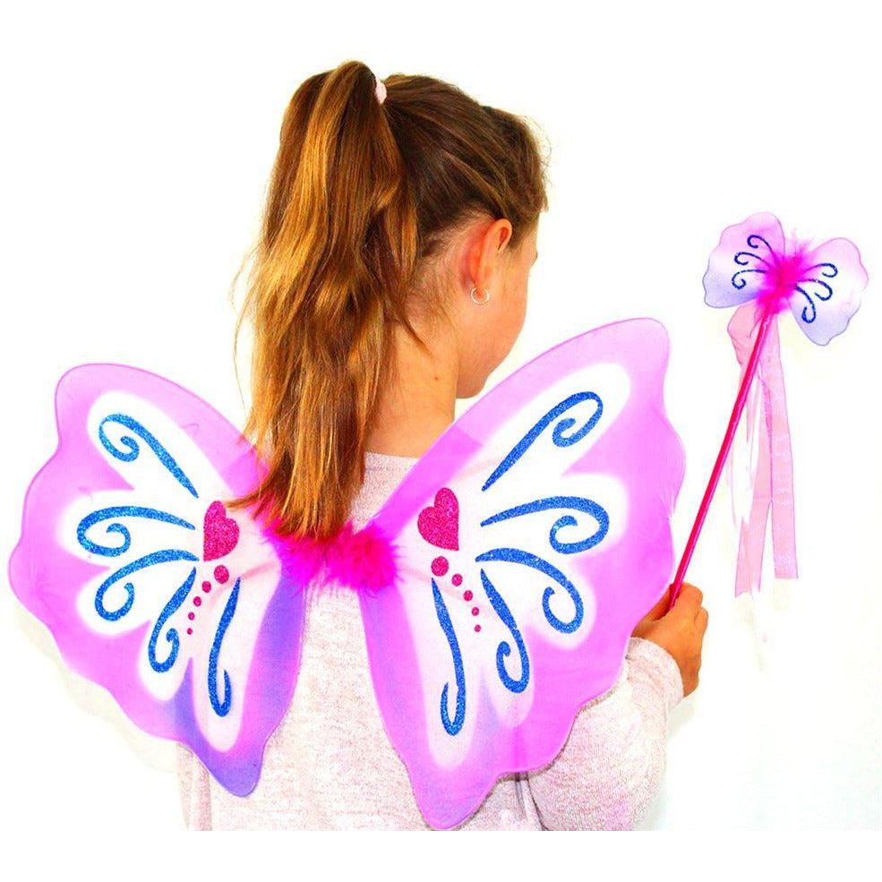 Pink pixie wings and wand set, on girl