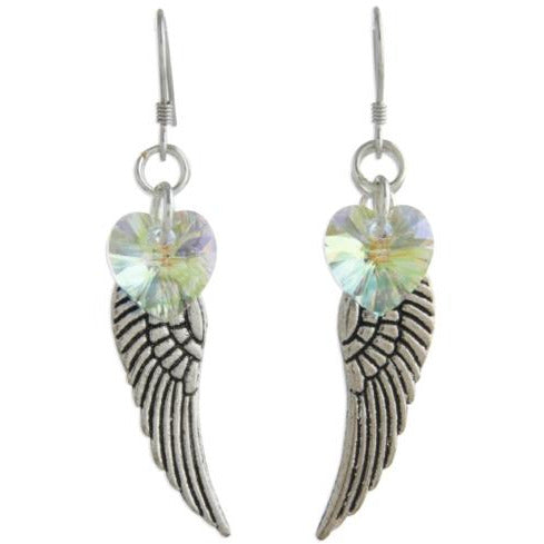 Angel wings earrings with Aurora Borealis crystal heart