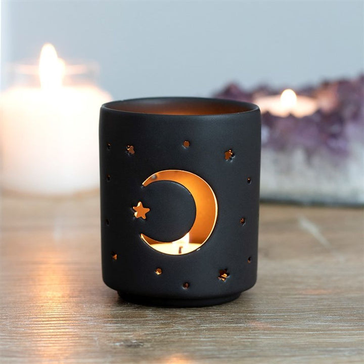 Small Black Mystical Moon Cut Out Tealight Holder